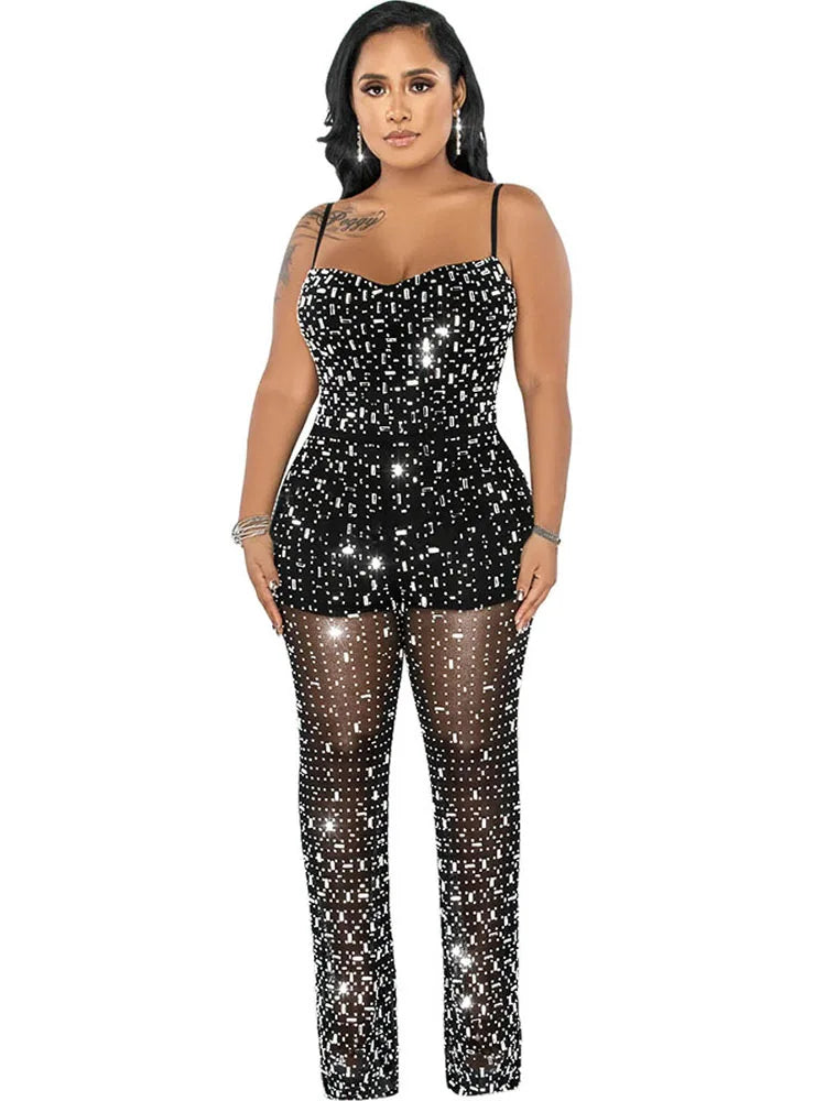 Sexy Rhinestone Mesh Jumpsuit Sleeveless See Through One Piece Outfits For Women Night Club Wear Rompers Party Bodycon Jumpsuits