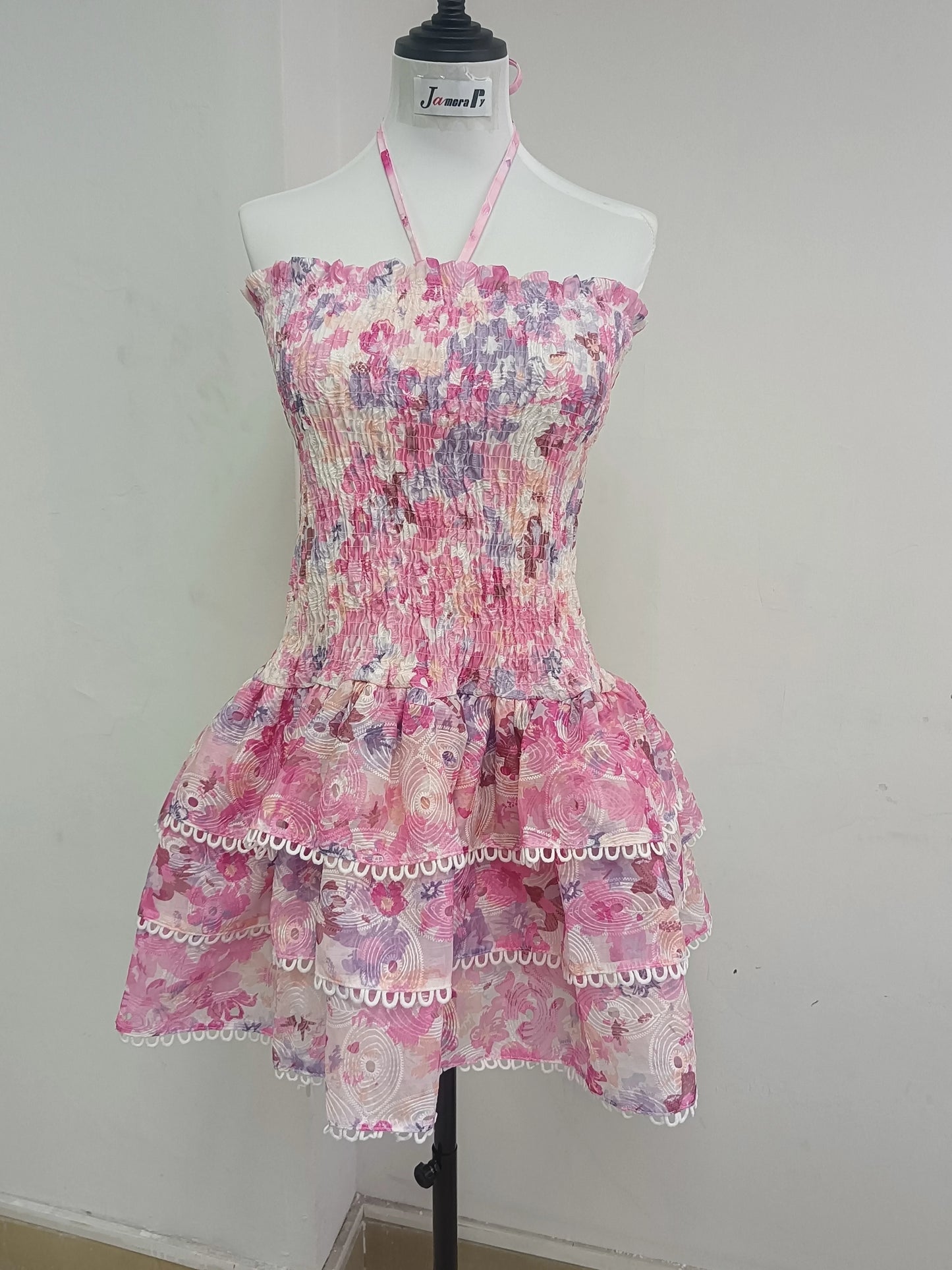 Summer Sundress Sexy Embroidery Floral Short Cake Dress Women Beach Halter Backless Stretch Flower Ruffles Layer Party Vestidos