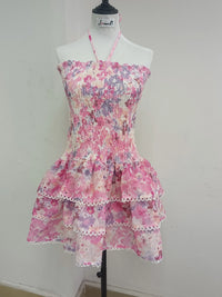 Summer Sundress Sexy Embroidery Floral Short Cake Dress Women Beach Halter Backless Stretch Flower Ruffles Layer Party Vestidos