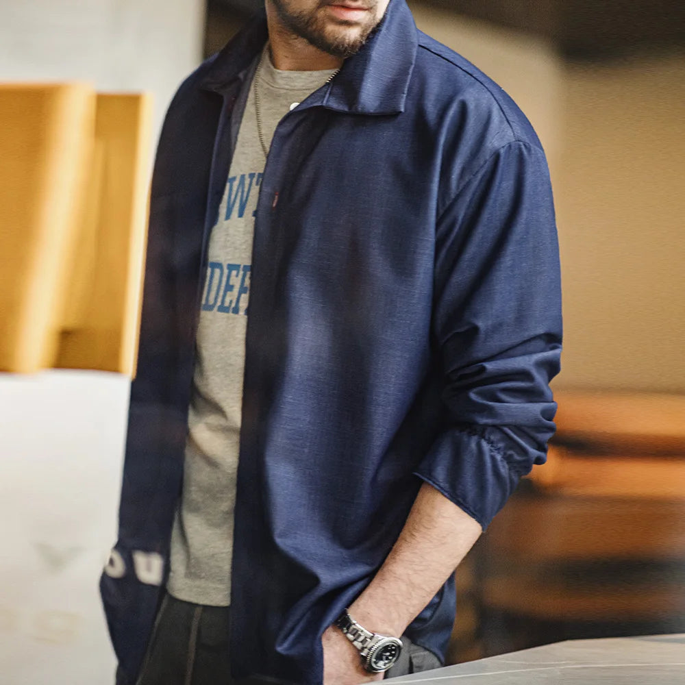 Maden Men Solid Color Denim Blue Shirt Loose Turn-down Collar Long-sleeved Shirt Mens Spring Coat Loose Comfortable Clothes