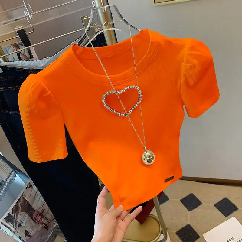 High-waisted Slim Love heart beaded tshirts White Short Sleeve T-shirt Women's Summer 2023 New Short Puff Sleeve Small Top