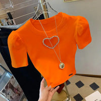 High-waisted Slim Love heart beaded tshirts White Short Sleeve T-shirt Women's Summer 2023 New Short Puff Sleeve Small Top