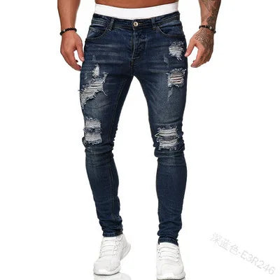 2023 Fashion Street Style Ripped Skinny Jeans Men Vintage wash Solid Denim Trouser Mens Casual Slim fit Black Blue denim Pants