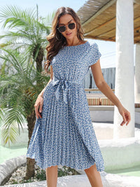 Elegant Floral Print Pleated Dresses Women Summer Dress YEMOGGY 2022 New Slim Casual High Waist Lace Up Midi Short Sleeve Dress