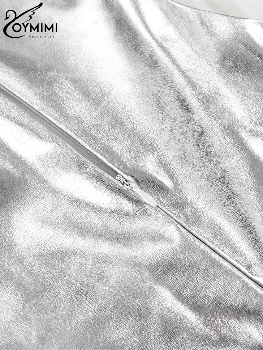 Oymimi Sexy Slim Sliver Pu Leather Dress Ladies Bodycon O-Neck Sleeveless Dress Elegant Classicc Party Dresses For Women 2023