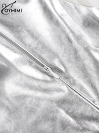 Oymimi Sexy Slim Sliver Pu Leather Dress Ladies Bodycon O-Neck Sleeveless Dress Elegant Classicc Party Dresses For Women 2023