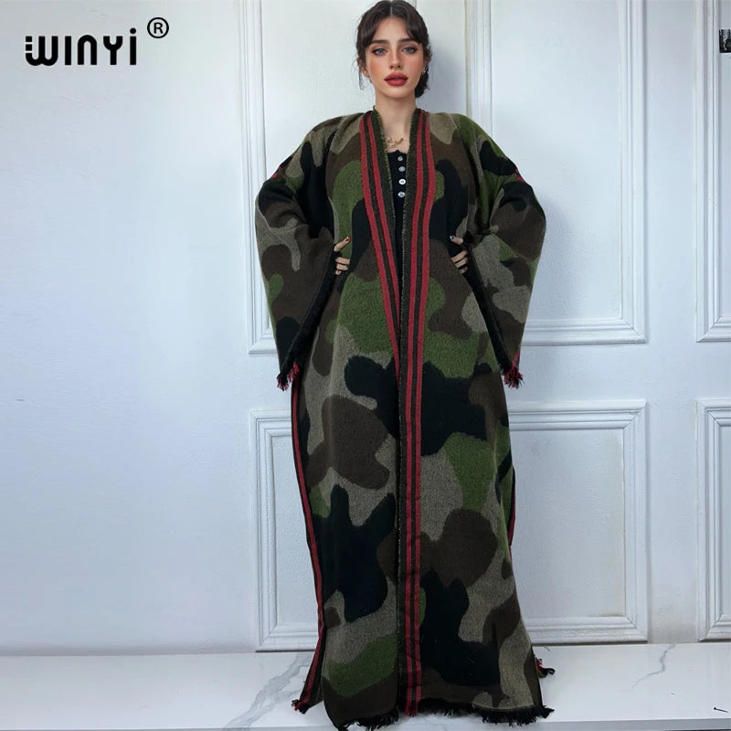 WINYI camouflage colour African women winter kimono long sleeve OverCoat abaya dubai luxury Open Front Long Cardigan party dress