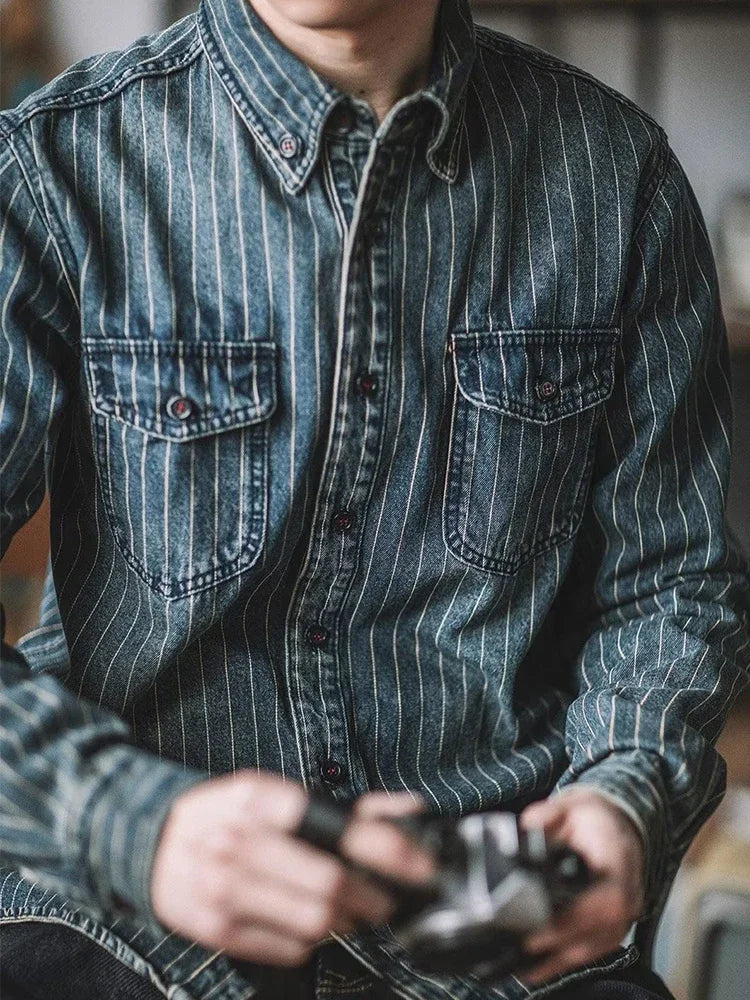 Streetwear Mens Denim Shirts Casual Long Sleeve Buttoned Lapel Striped Blouse Shirt for Men 2025 Spring Casual Cargo Shirt Tops