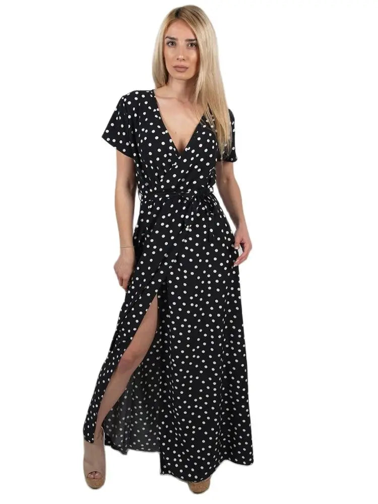 Summer Beach Maxi Dress Women Floral Print Boho Long Chiffon Dress Ruffles Wrap Casual V-Neck Split Sexy Party Dress Robe Femme