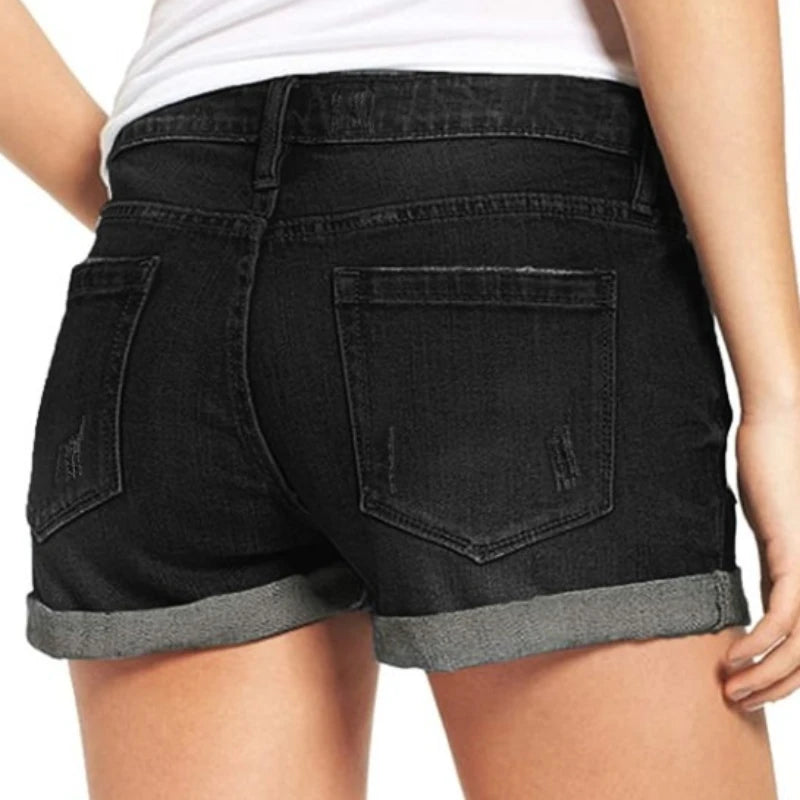 Denim Shorts for Women High Rise Ripped Distressed Jean Shorts And Pockets Summer Casual Cuffed Hem Non Stretchy Denim Shorts