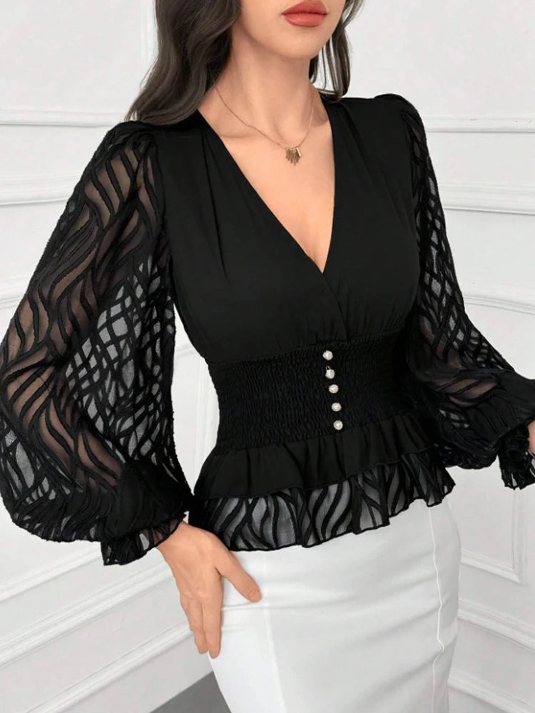 Women's Elegant and Fashionable V Neck Lantern Sleeve Waist Shirt