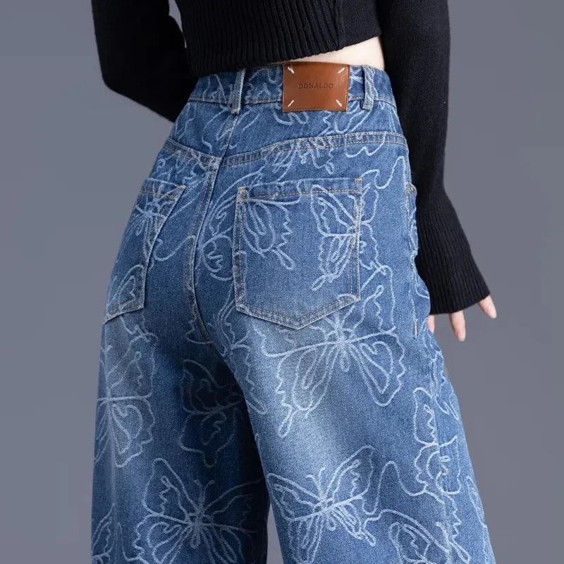 New Wide Leg Jeans Women Autumn High Waisted And Slim Casual All-match Jacquard Narrow Cut Straight Leg Pants Ladies Trouser