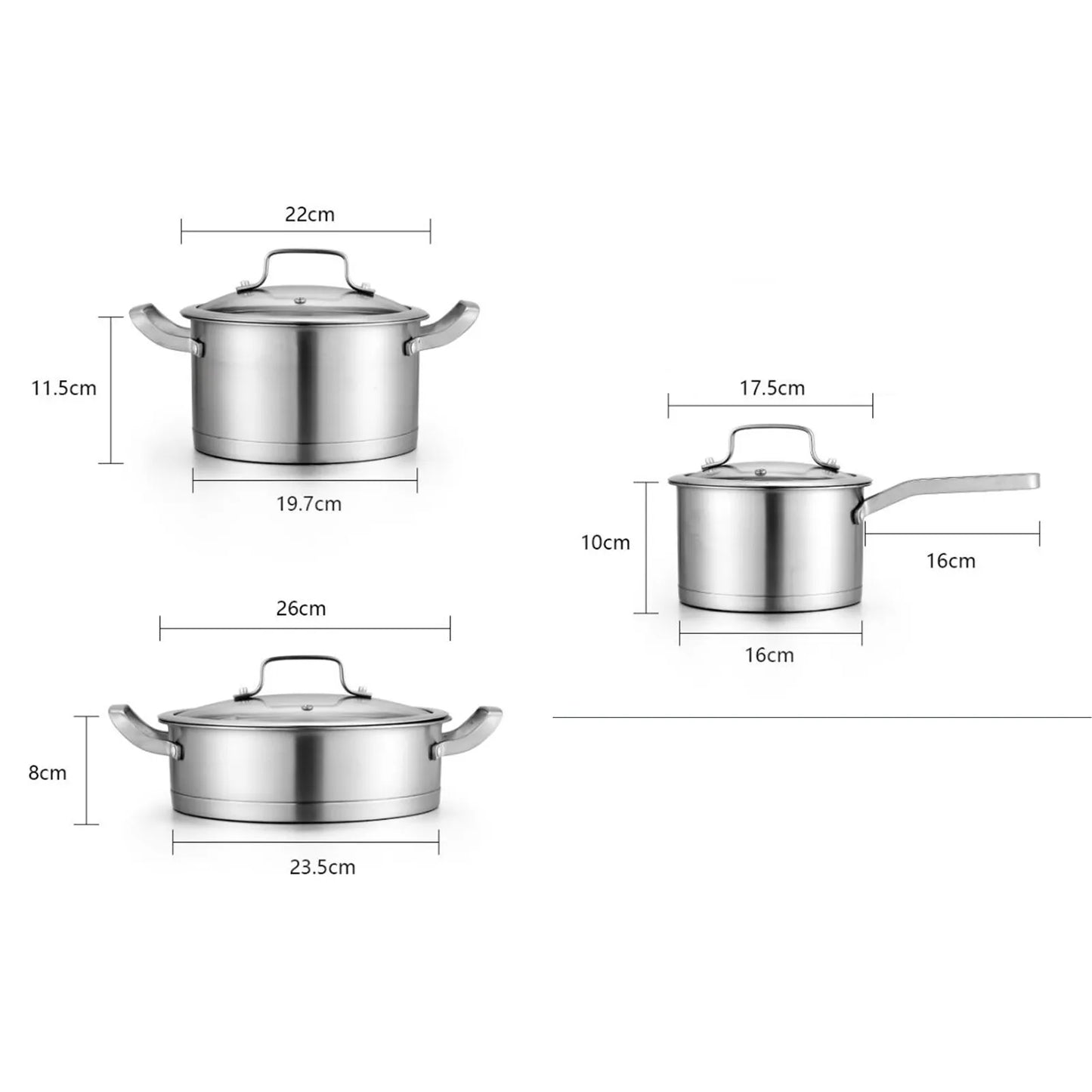 3pcs 430 Stainless Steel Pot Set Thickened Right Angle Soup Pot Milk Pot Fry Pot Household Right-Angle Steamer Kitchen Utensils