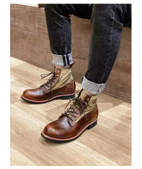 New Brown Boots for Men Black Business Handmade Men's Short Boots Round Toe Slip-On Ankle Boots Motorcycle Boots Combat Boots