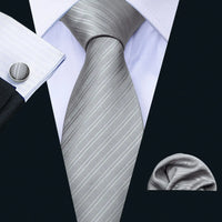 Barry.Wang Black White Gray Silver Men Tie Handkerchief Cufflinks Set Jacquard Necktie for Male Wedding Business Party Gift