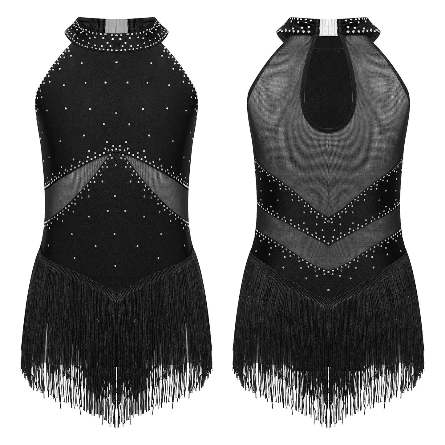 Kids Girls Sleeveless Fringed Bodysuit Moden Latin Jazz Dance Leotard Dress Rhinestones Gymnastics Skating Performance Costumes