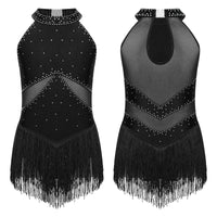 Kids Girls Sleeveless Fringed Bodysuit Moden Latin Jazz Dance Leotard Dress Rhinestones Gymnastics Skating Performance Costumes