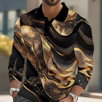 2025 Men's Abstract Marble Long Sleeve Polo Shirt Breathable Business Casual Top Slim Fit Quick Dry Multi Colors Fall Winter