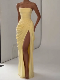 Elegant Yellow Strapless Pleated Long Dress Women Chic Solid Sleeveless Waist Cinching Split Gown 2026 Lady Evening Party Robe