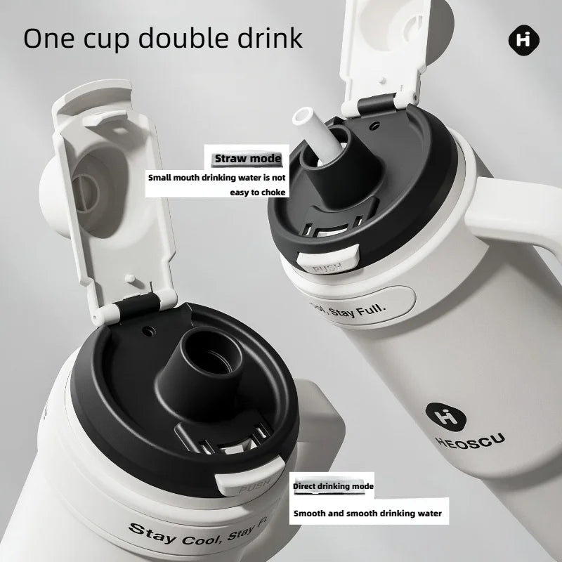 1pc Stainless Steel Ice Tumbler 1200ml Insulated Cup With Handle & Straw Keeps Cold For 24 Hrs Car Insulation Cup Coffee Water