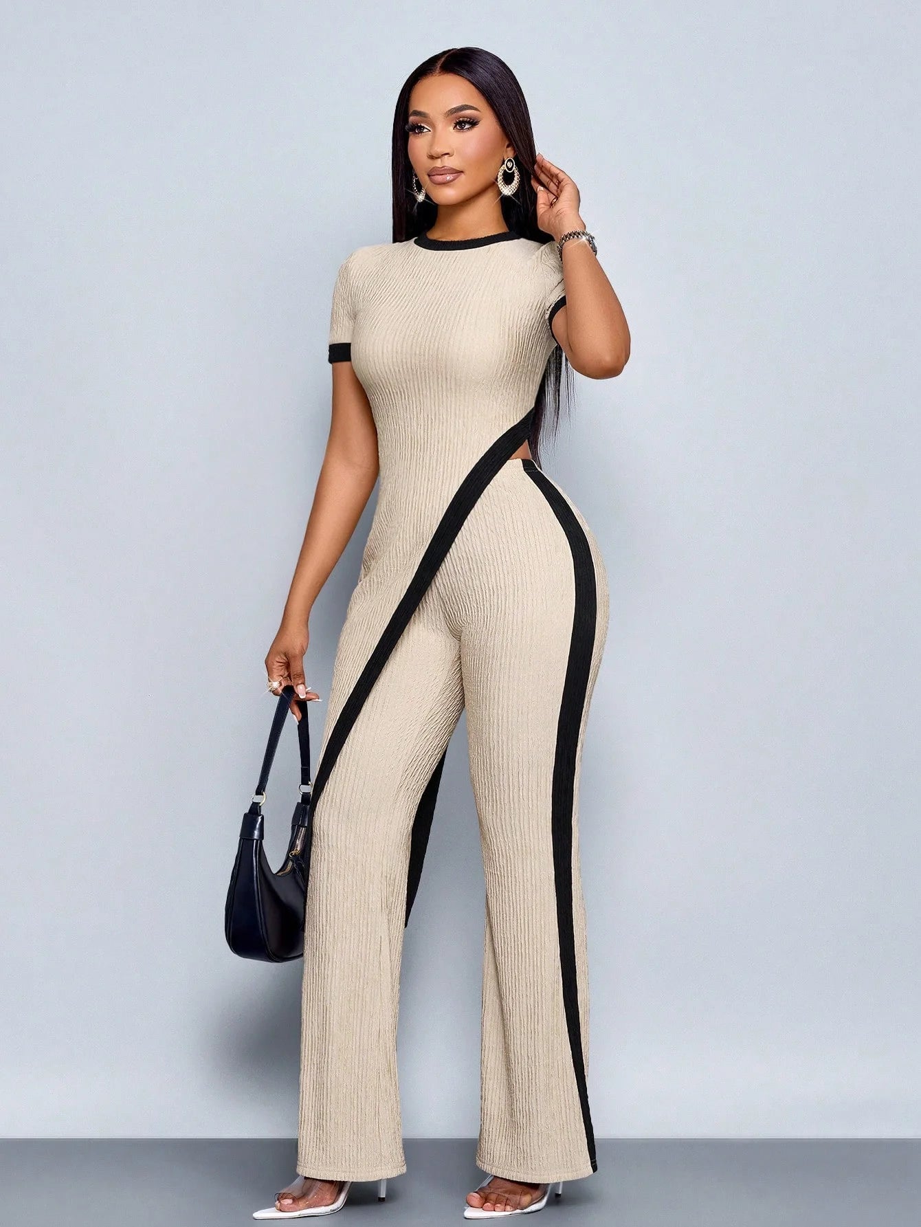 Women's Summer Asymmetric Hem Short-Sleeve T-Shirt and Flared Pants 2-Piece Set