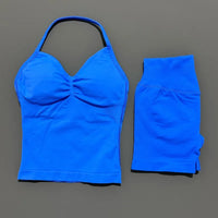 2 Pieces Sports Set Women Backless Halter Tops Fitness Tank Top High Waist Seamless High Stretch Shorts Gym Workout Sets