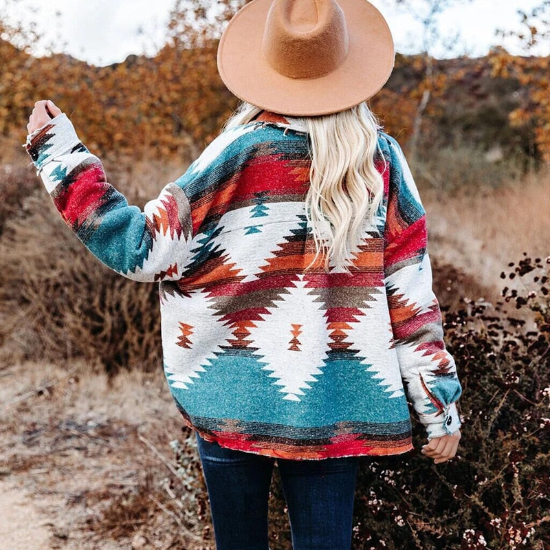 Vintage Jacket Women Splicing Loose Jacket Denim Print Aztec Retro Ethnic Style Long Sleeved Shirt Streetwear Female Goth Coat