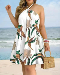 Dresses For Woman 2023 Sexy Sleeveless Backless Short Mini Dress Loose Halter Neck Print Beach Sundress Floral Vestidos S-3XL