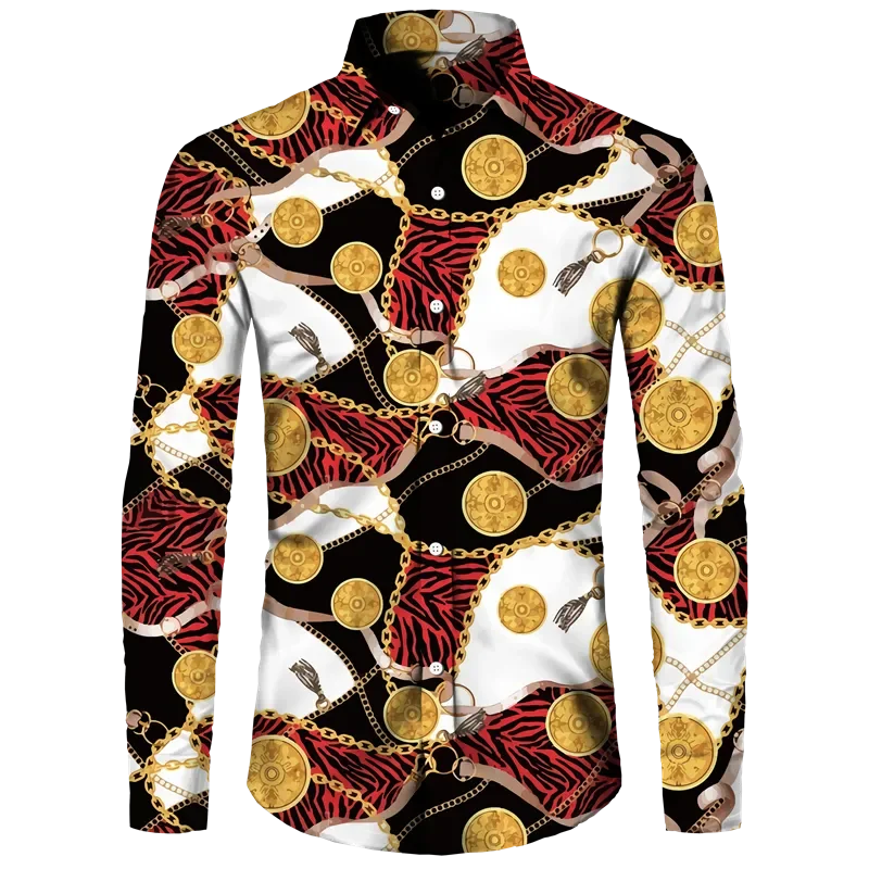 Fashion Luxury Golden Flower Print Men's Shirts Baroque Style Short/Long Sleeve Lapel Button Up Tops Social Hawai Party Cardigan