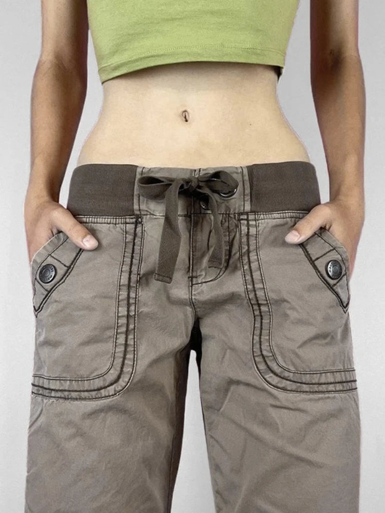 Distressed Cargo Jeans Women Streetwear Low Rise Grunge Pants Pocket Denim Y2k Clothes Pantalones De Mujer Roupas Femininas