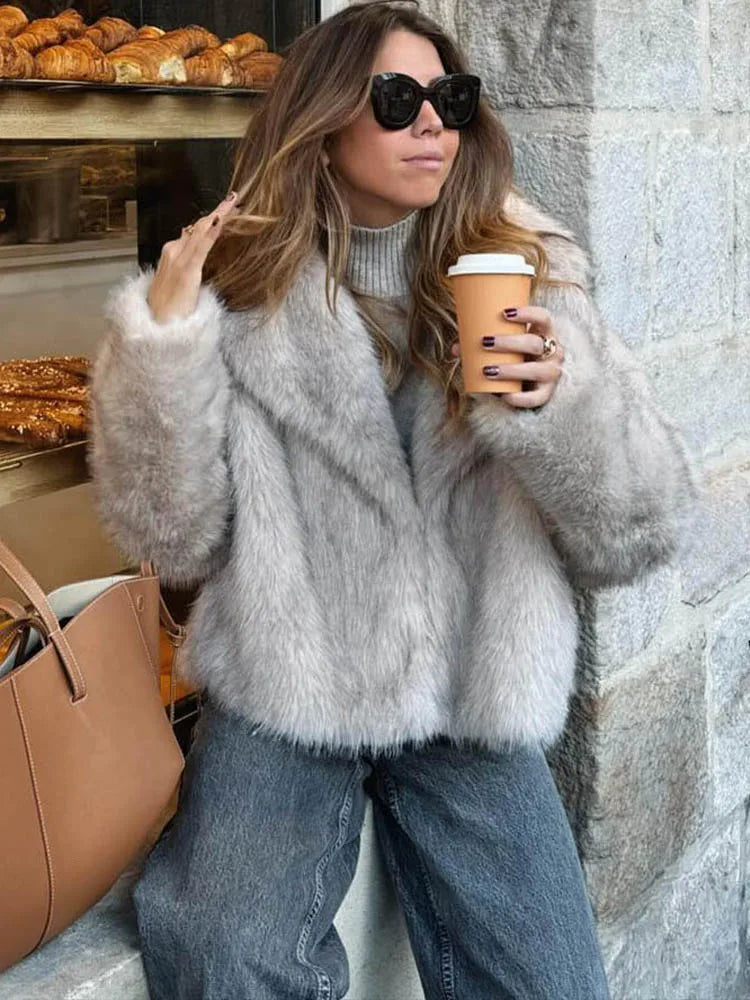 HH Women Fashion Cropped Faux Fur Jacket Coat Long Sleeve Front Snap-button Female Outerwear Chic Lapel Collar Thick Coat