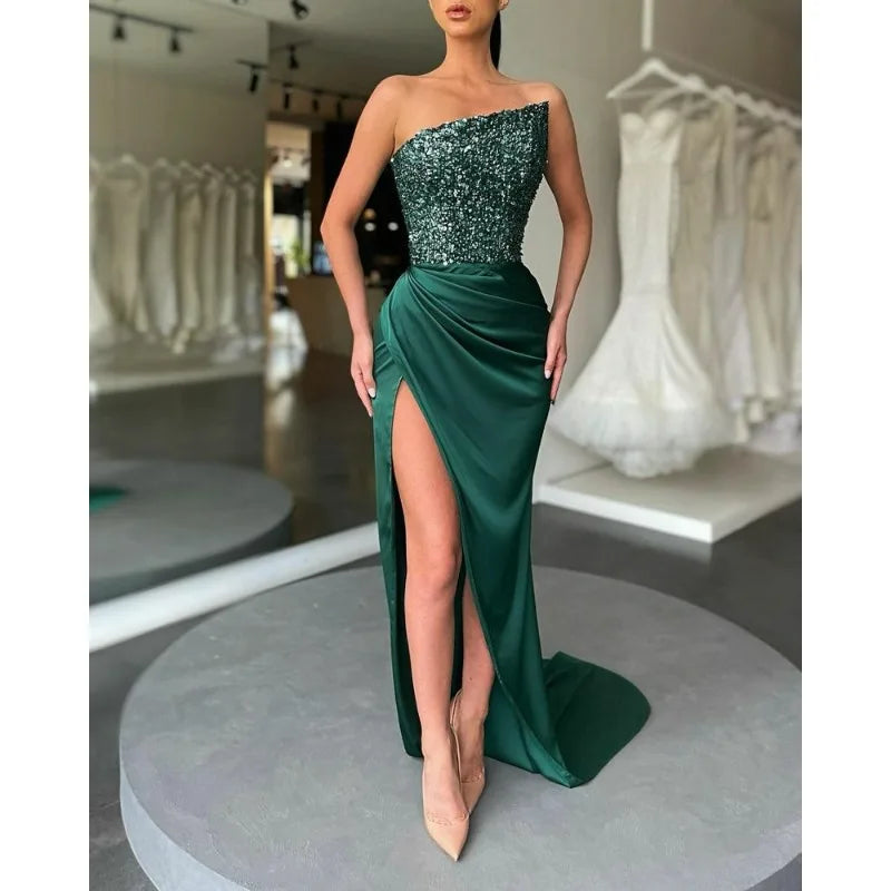 2024 Spring Summer New Green Sequined Fairy Long Sleeveless Fashion Dress Mid Evening Dress Strapless Sexy Formal