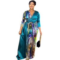 African Print Dresses for Women Summer Fashion African V- Neck Long Sleeve Polyester Black Green Yellow Long Dress Maxi Dress