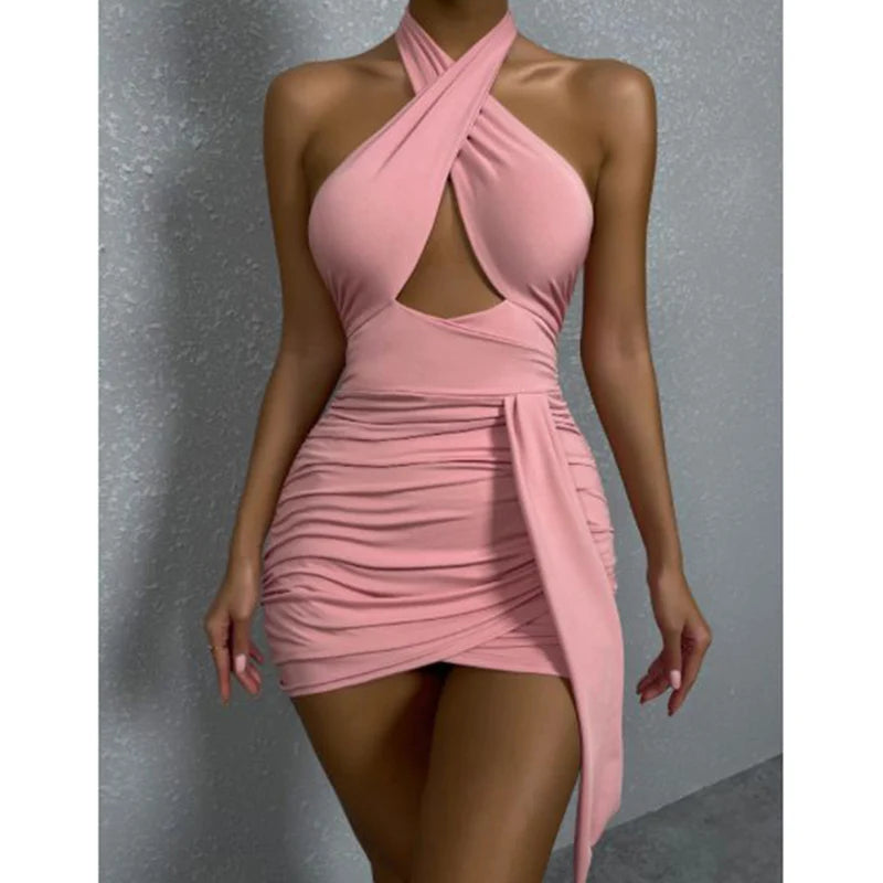 2024 Summer Women Chic Korean Style Vacation Dress Lady Sexy Solid Color Halter Backless Dress Female Designer Ruched Skirts