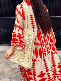 Women Vintage Print Maxi Dresses 2023 Summer V-Neck Long Sleeve Pleated Long Dresses Female Boho Beach Shirt Dress Casual Robe