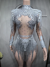 Gold Silver Sequins Tassel Elastic Bodysuit Sex)Pole Latin Dance Stage Wear Nightclub  DJSinger Dancer Performance Costume  Q025