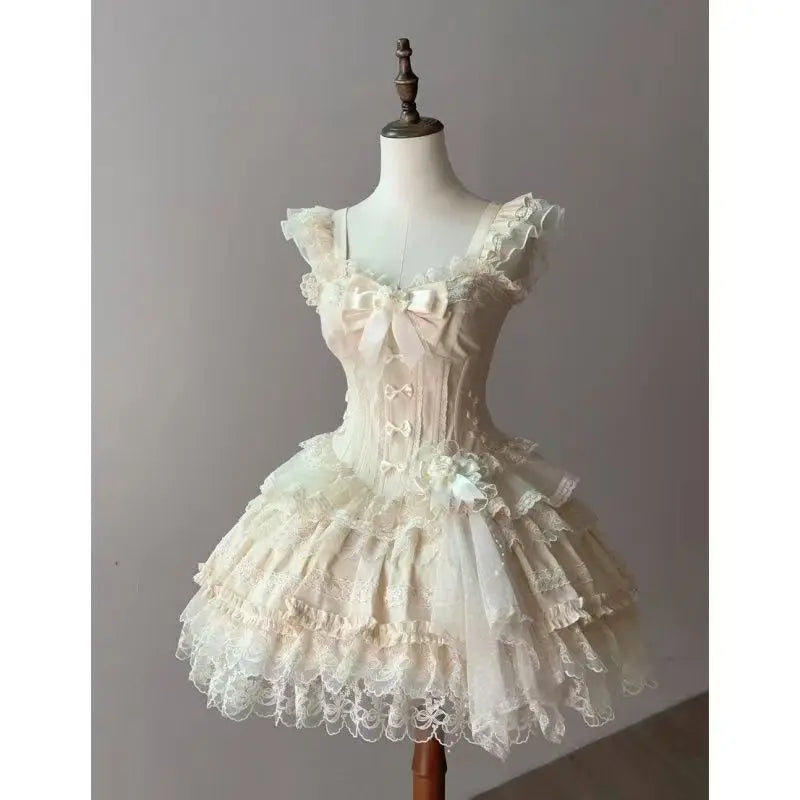 Lovely Kawaii Slash Neck Slim Lolita Dress Women Sweet Design Bow Off Shoulder Sling Dresses Elegant Cute Pretty New Clothing