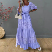 Women Dress Square Collar Puff Half Sleeves Long Dress Belt Lace Stitching Beach Dress High Waist Solid Color Dress Streetwear