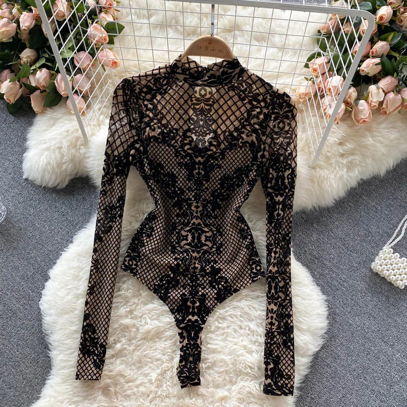 Women Bodycon Bodysuit 2024 Korean Sexy Backless Mesh Bodycon Jumpsuits Chic Flocking Slim Bodysuit Streetwear Long Sleeve 39950