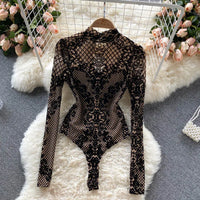 Women Bodycon Bodysuit 2024 Korean Sexy Backless Mesh Bodycon Jumpsuits Chic Flocking Slim Bodysuit Streetwear Long Sleeve 39950