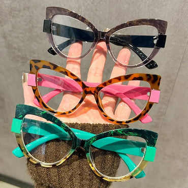 2025 New Fashionable and Versatile Cat Eye Glasses with Personalized Large Frame Color Blocking Design Anti-Blue Light Glasses
