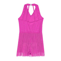 Kids Girls Latin Dance Cha-cha Samba Salsa Costume Rhinestones Fringe Leotard Dress Sleeveless Strappy Back Tassel Jumpsuit