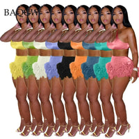 9 Colors Feather Fringe Patchwork Shorts and Crop Top Two Piece Set Summer Streetwear Women Sexy Bodycon Tracksuit Party Outfits