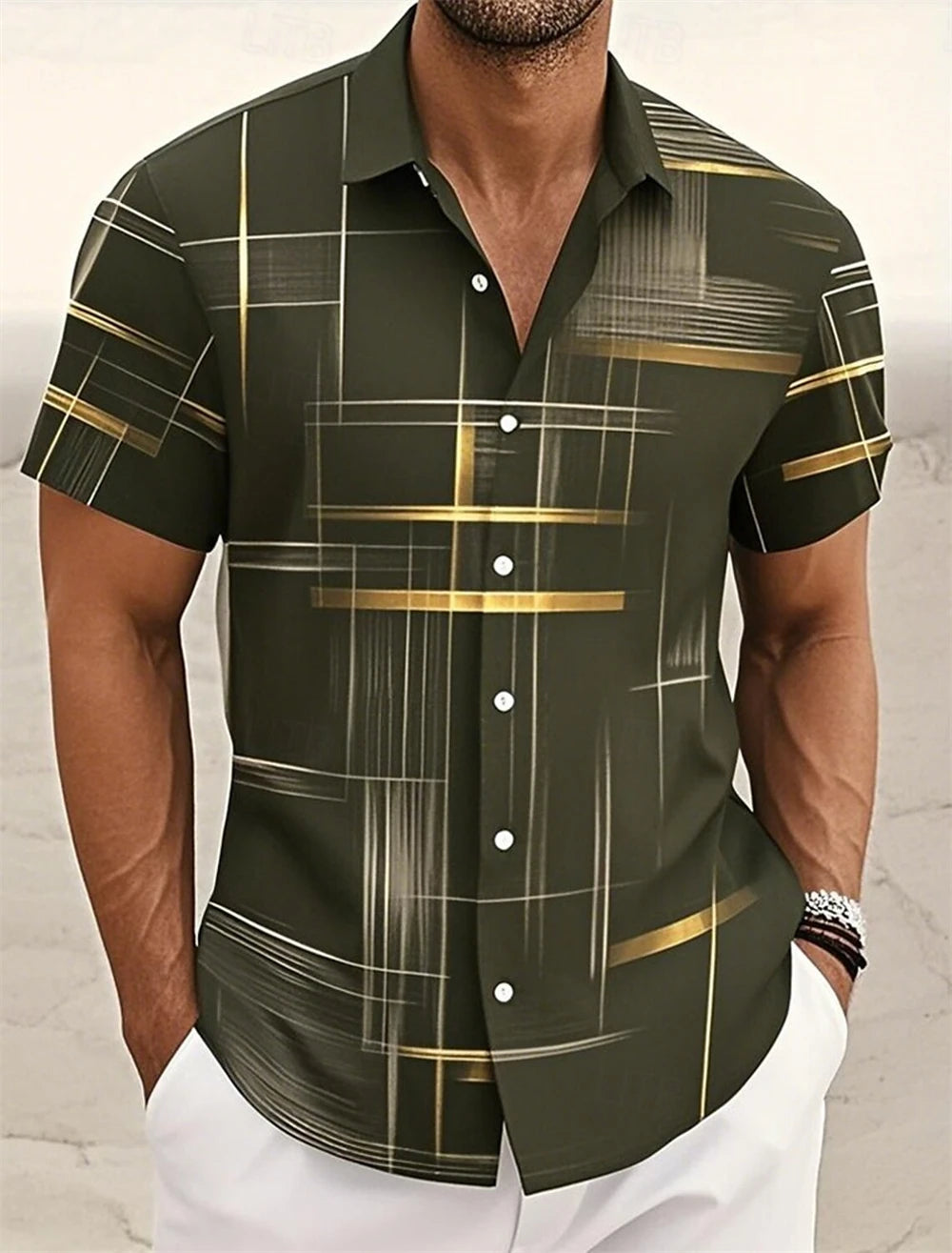 Men's Geometric Plaid Button Shirt Casual Fashion Outdoor Vacation Street Trend Turndown Shirt 3D Printed Short Sleeve Shirts