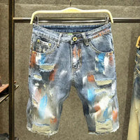 Men's Short Jeans Pants Multi Color Ripped Graffiti Male Denim Shorts Korean Fashion Blue New in Cut Emo Trend 2024 Original Xl