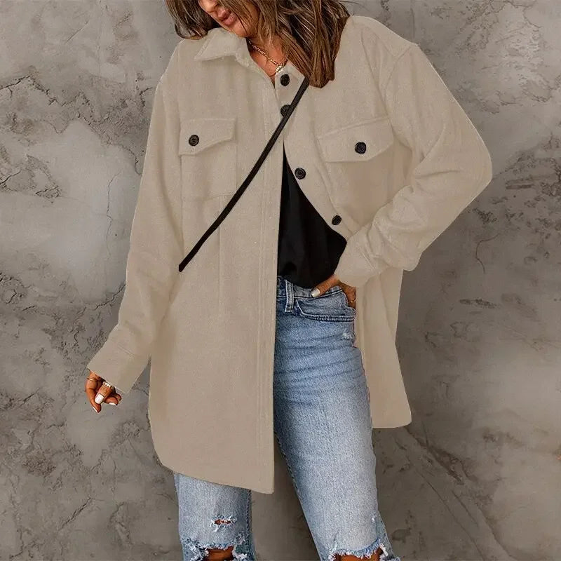 Winter Women Woolen Coat Top Elegant New 2024 Fashion Long Sleeve Turn Down Collar Single Breated Pocket Loose Jacket Outwear