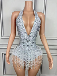 European and American Sexy Deep V Pink Tassel Jumpsuit Gogo Female Singer Stage Collar Dance Costume Car Show Model Performance
