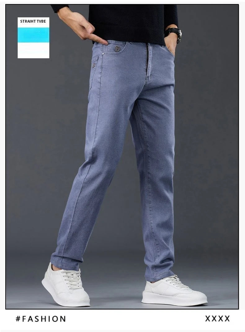 Male Brand Jeans Clothing Light Luxury Stretch Looes Fit Pants Comfortable Soft Business Fashion Straight Casual Denim Trousers