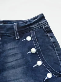 Ladies Mid-Waist Blue Elastic Denim Shorts with Wide Hem Front Pockets Diagonal Buttons Back Pocket Cover Buttons Elegant Casual