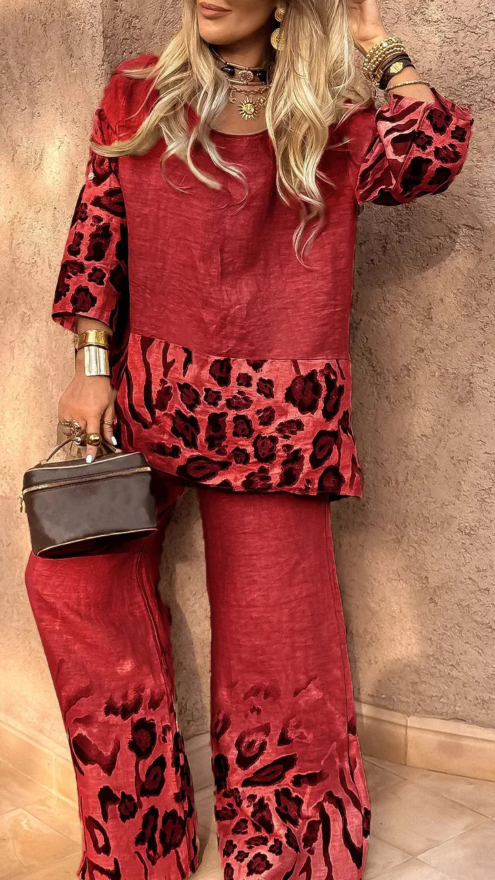 Fashion Leopard Print Set Lady Casual O Neck Three Quarter Tops+Wide Leg Pants Pieces Set For Woman Holiday Womens Clothing 2025